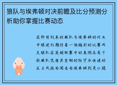 狼队与埃弗顿对决前瞻及比分预测分析助你掌握比赛动态